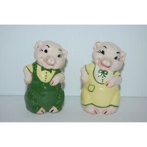 Vintage Anthropomorphic Pig Salt & Pepper Shakers Figurine Green Yellow Bow Tie